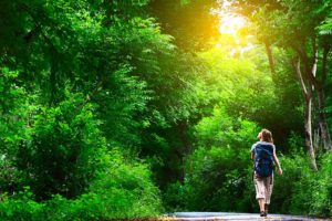 woman walking in green woods